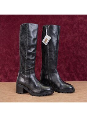 Geox Women Damiana Black Leather Lug Sole Riding Knee Boots 7.5US EUR38